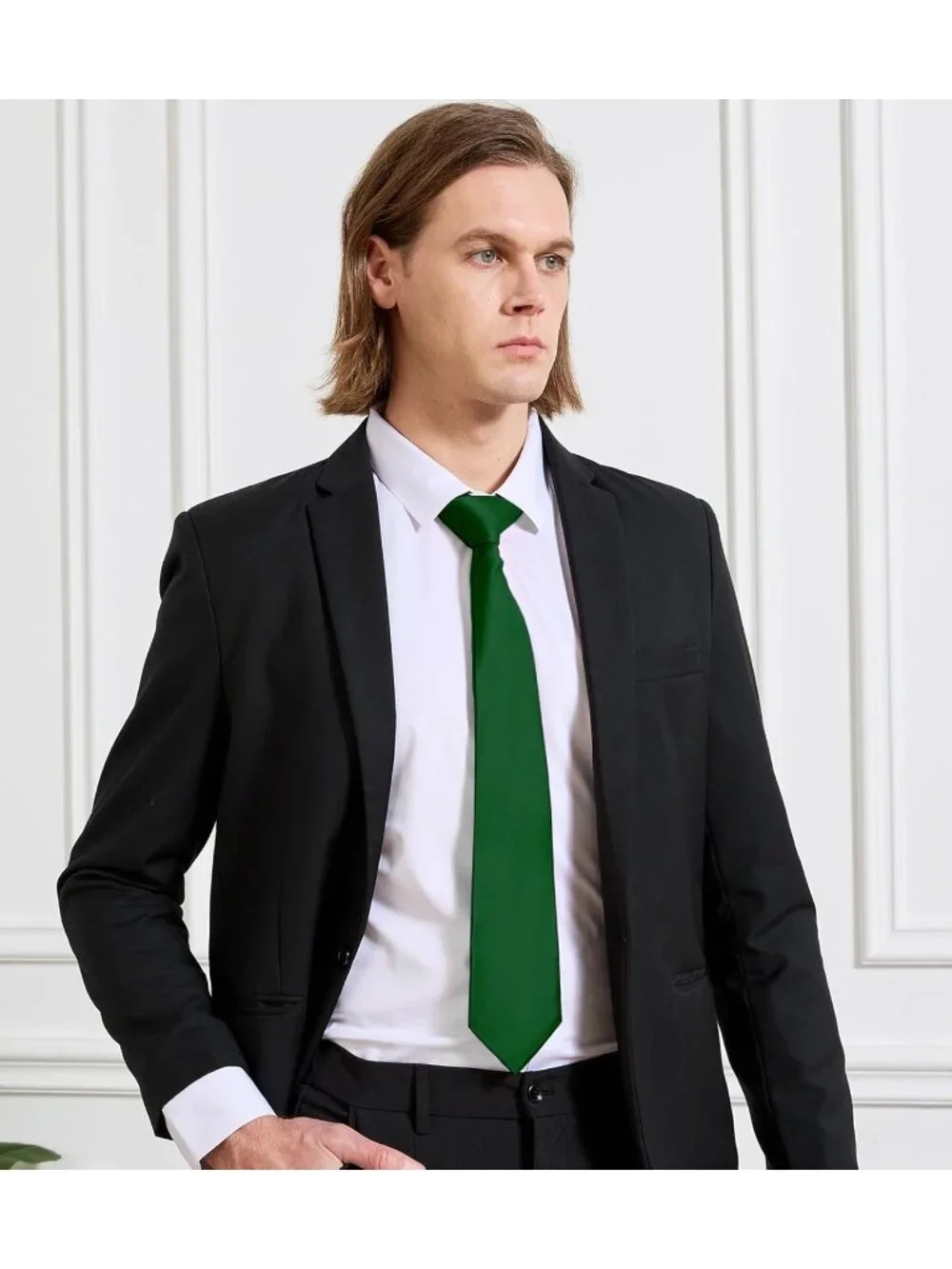 Men's Olive Green Solid Microfiber Plain Formal Silk Necktie For Business Dress